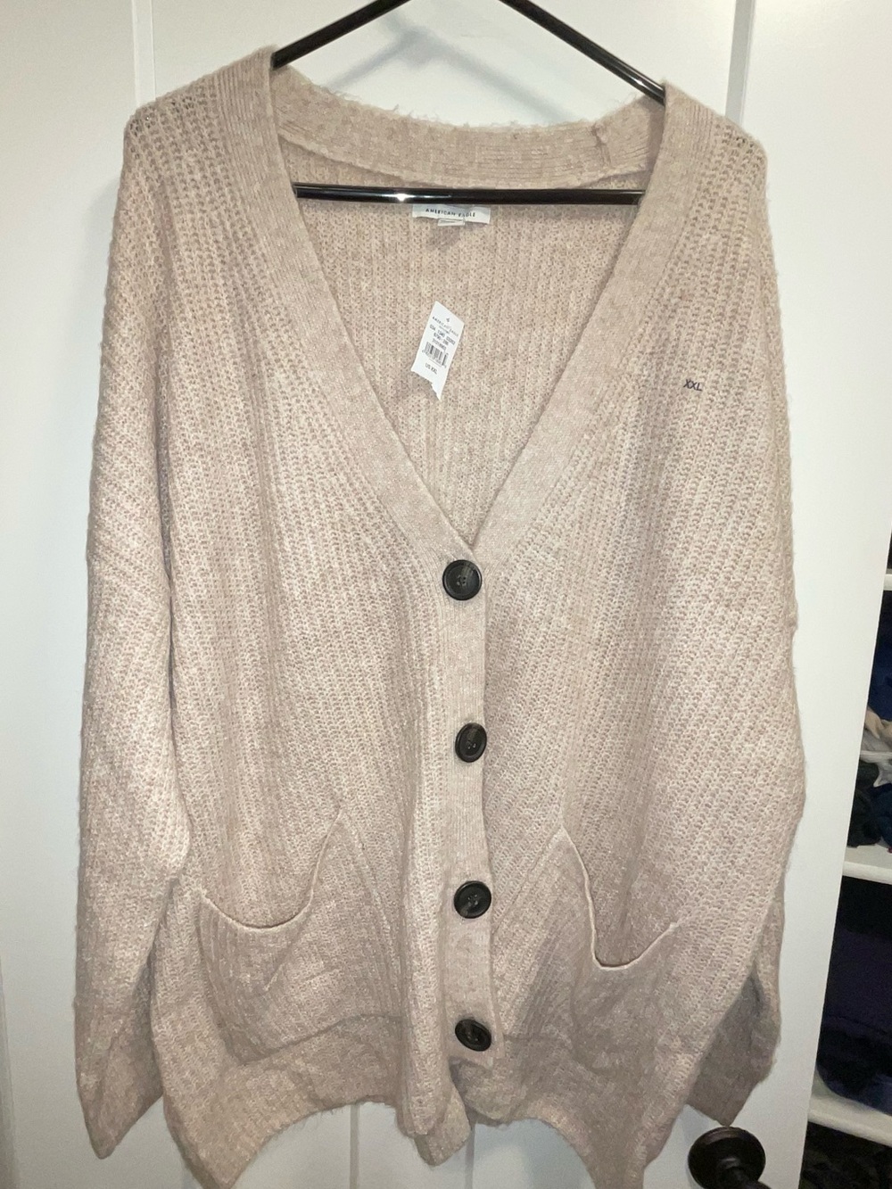 American Eagle Cozy Button-Front V-Neck Cardigan Sweater - Light Beige